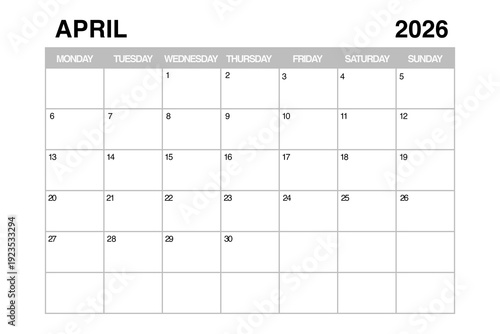 April 2026 Monthly Calendar Planner Template. 3d Rendering