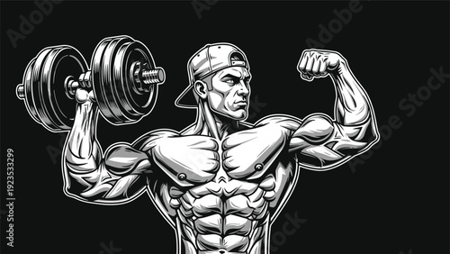 Dramatic black and white illustration of a muscular man lifting a heavy dumbbell while flexing his huge biceps in a baseball cap.