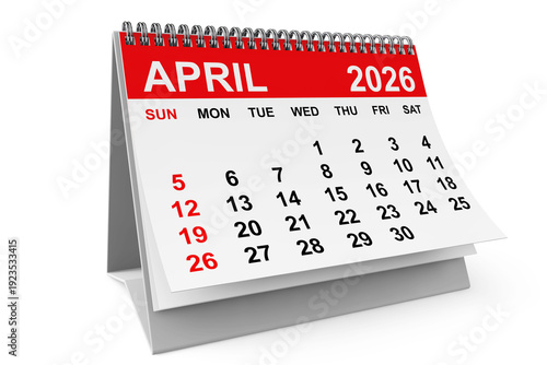 2026 Year April Calendar. 3d rendering