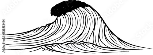 A powerful, cresting wave depicted in a dramatic, stylized ink brush style