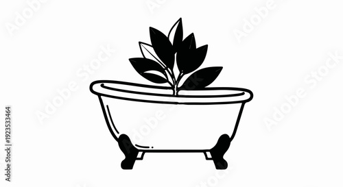 A potted plant grows from a vintage claw-foot bathtub