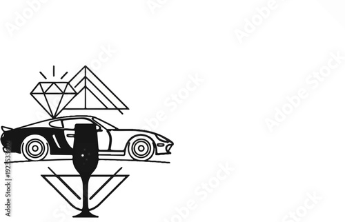 A diamond and pyramid above a luxury sports car and a champagne flute