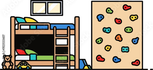 A playful children's room with a bunk bed, climbing wall, and toys
