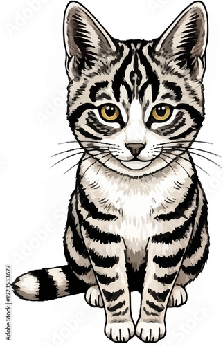 A digital illustration of a sitting tabby cat with striking yellow eyes