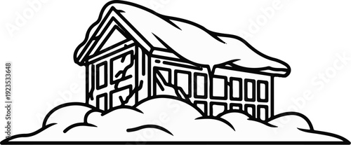 A simple line drawing shows a house partially buried in snow