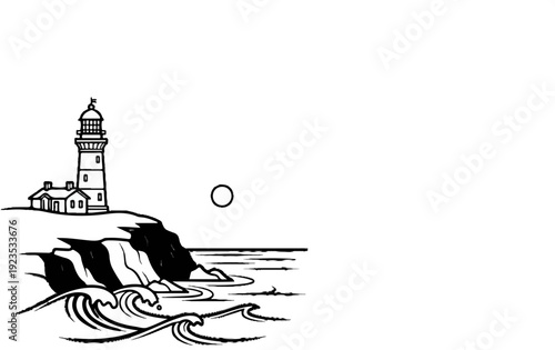 A lighthouse stands tall on a rocky cliff overlooking the sea with waves crashing ashore