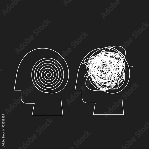Conceptual illustration of mental states: a clear, organized mind with a spiral versus a chaotic, confused mind with tangled lines in two human head silhouettes.