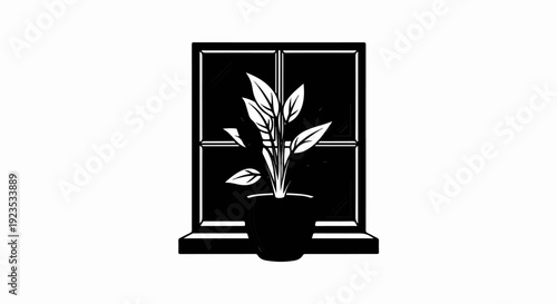 A stylized potted plant sits on a windowsill in front of a window