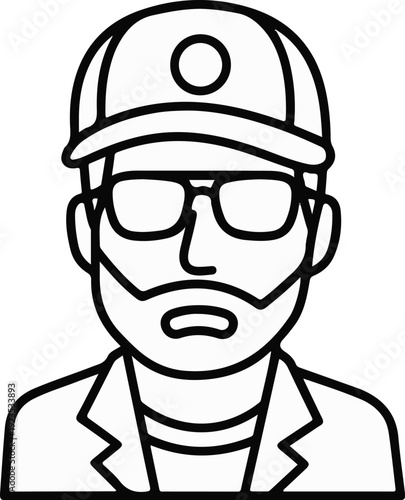 A line art portrait of a person with a cap and glasses