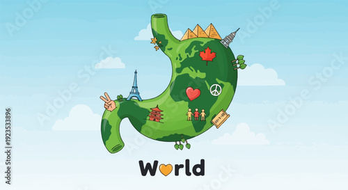 A stomach shaped Earth with landmarks, symbols of peace and family