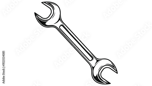 A detailed black and white illustration of a classic open end wrench tool