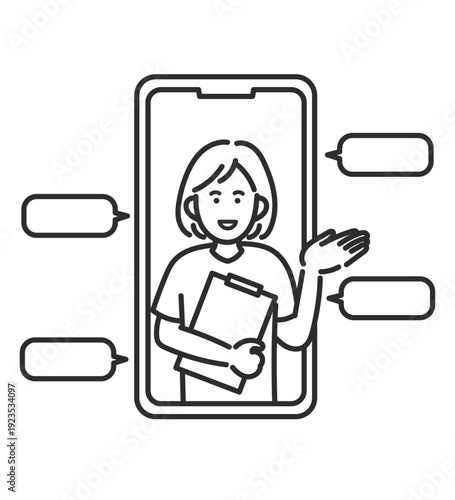 オンライン診療をする女性医師のイラスト　線画のみ