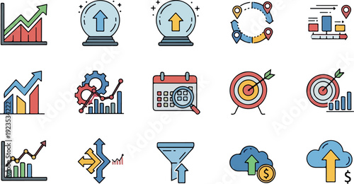 Business growth and strategy icons, colorful infographics with graphs and gears on white