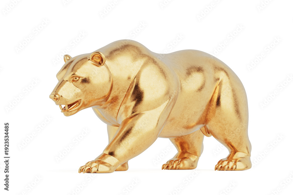 Fototapeta premium Market Decline And Bearish Trend Concept. Golden Bear Statue Symbolizing Financial Crisis On White Background. 3d Rendering