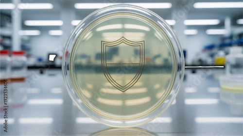 Close up of clear glass sphere with reflective surface on table in laboratory setting