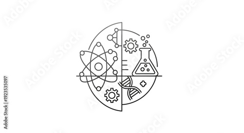 Abstract illustration of science concepts, featuring atom, dna, and lab elements