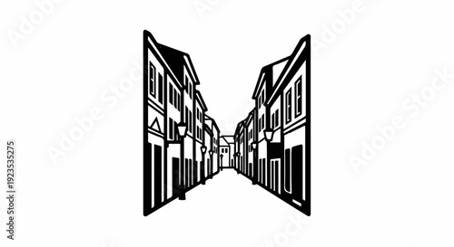 A perspective view of a black and white street with buildings and lamps