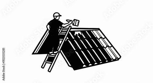 A person with a hard hat paints a roof with a brush while on a ladder