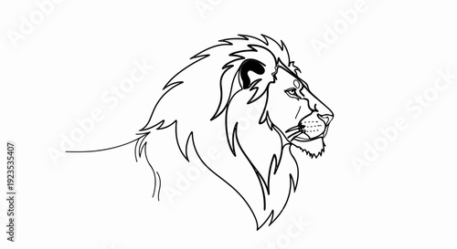 A stylized, single-line illustration of a lion's head and mane, facing right