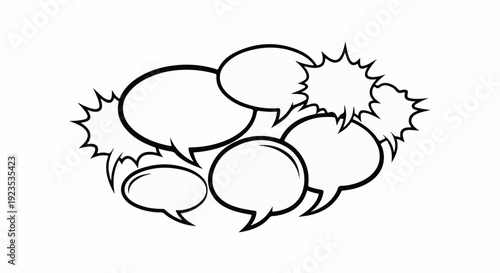 A cluster of speech bubbles in various sizes and shapes with spiky accents