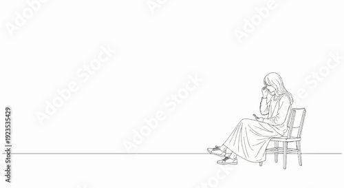 A person sits on a chair looking at their phone, one hand touching their face