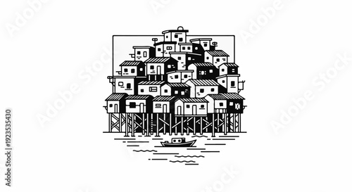 A cluster of stilted houses on water with a small boat