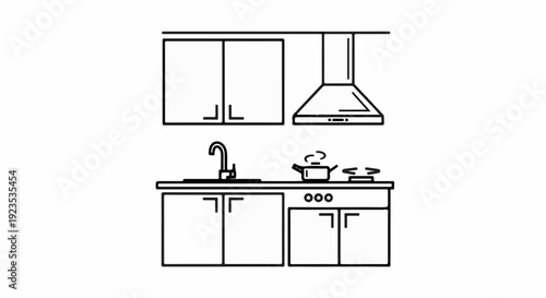 A simple line drawing of a kitchen counter with a sink, stove, and overhead cabinets