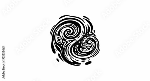 Abstract black ink swirls and drops on a white background
