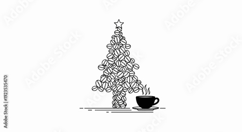 A coffee bean Christmas tree with a steaming cup of coffee