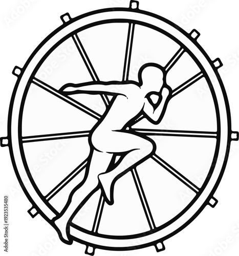 A person runs inside a wheel with spokes, depicting motion and effort
