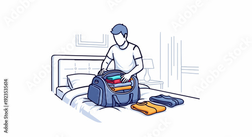 A person packs clothes into a duffel bag on a bed in a bedroom
