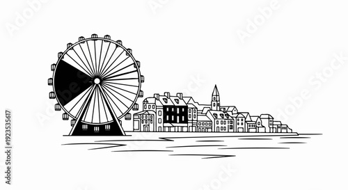 A Ferris wheel stands beside a quaint European village on a waterfront
