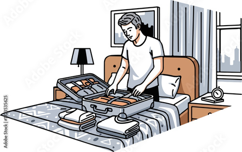 A person packs clothes into an open suitcase on a bed