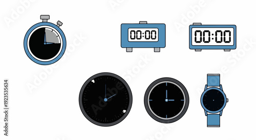 A collection of assorted timekeeping devices, digital and analog