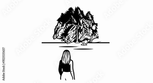 A person looks towards a rocky island with trees and a waterfall