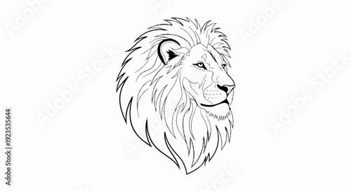 A striking, black and white line drawing of a lion's profile