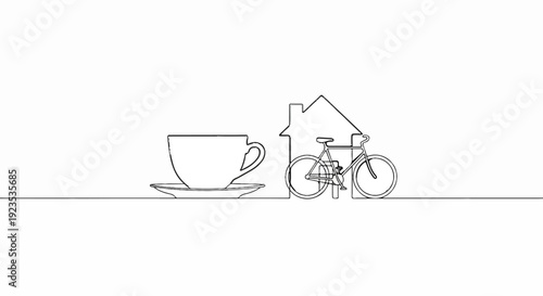 A simple line drawing of a cup of coffee and a bicycle with a house outline