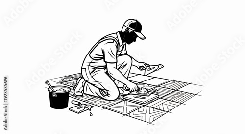 A person in overalls and a cap kneels, tiling a patterned floor with trowels