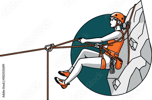 A person in orange climbing gear rappels down a rock face with ropes