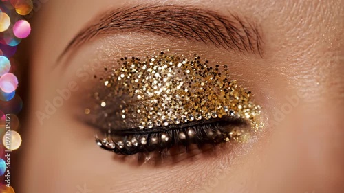 Human eye adorned with heavy gold glitter eyeshadow and dramatic false lashes