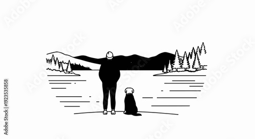 A person and dog stand by a lake with mountains and trees in the background