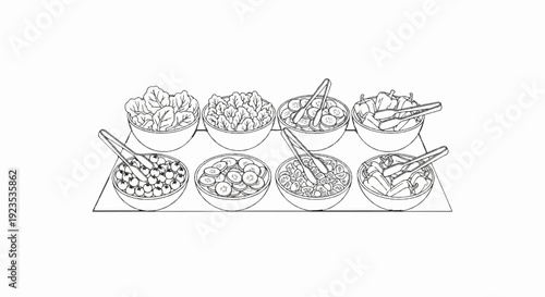A line drawing of a salad bar with eight bowls of different ingredients