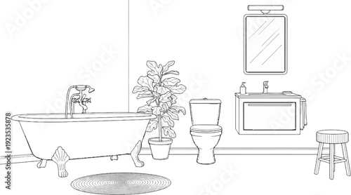 A simple line drawing of a bathroom scene featuring a tub, toilet, sink, plant, mirror, rug, and stool