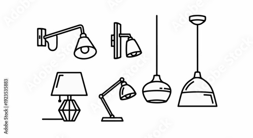 A collection of diverse decorative lighting fixtures, rendered in a simple black outline style