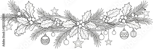 A festive garland of holly branches, pine needles, berries, and ornaments