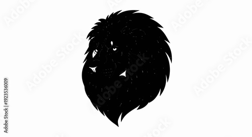 A striking black silhouette of a lion's head with a detailed mane