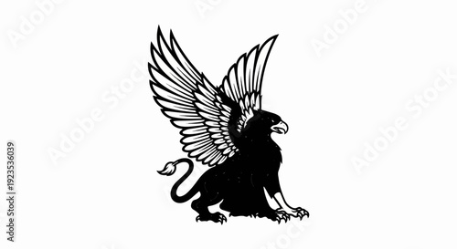 A mythological creature, part lion, part eagle, depicted in black and white