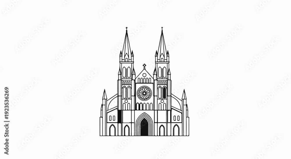 Fototapeta premium A symmetrical line drawing of a large, grand church with twin spires