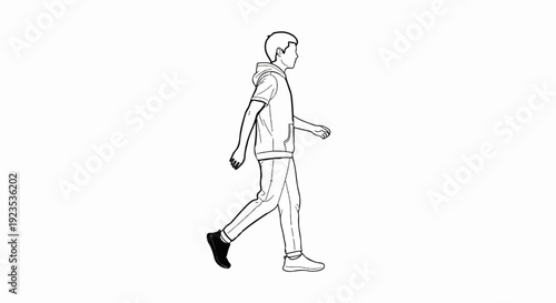 A line drawing of a young person walking, wearing a hooded sweatshirt and pants