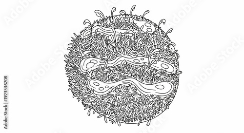 Abstract circular composition of flowing organic shapes nestled among dense foliage and abstract plant elements